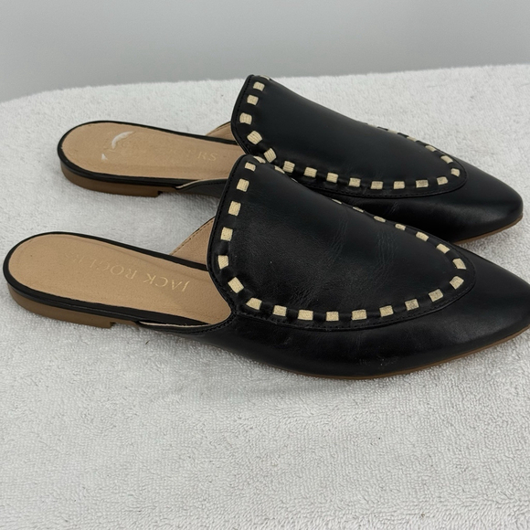 Jack Rogers Shoes - Jack Rogers Black Leather Slip-On Mules with Cream Stitching
